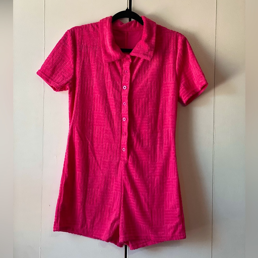 Hot pink terrycloth button up romper playsuit bodysuit - medium